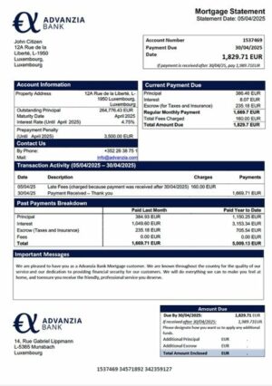 Luxembourg Advanzia Bank mortgage statement Word and PDF template