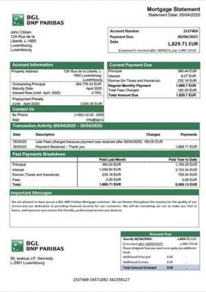 Luxembourg BGL BNP Paribas mortgage statement Word and PDF template
