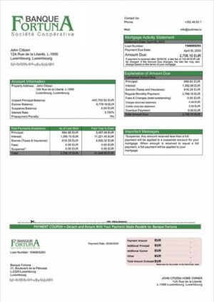 Luxembourg Banque Fortuna mortgage statement Word and PDF template