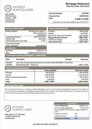 Luxembourg Banque Havilland mortgage statement Word and PDF template