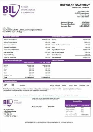 Luxembourg Banque Internationale à Luxembourg mortgage statement Word and PDF template