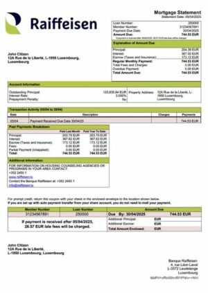 Luxembourg Banque Raiffeisen mortgage statement Word and PDF template