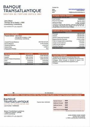 Luxembourg Banque Transatlantique Luxembourg mortgage statement Word and PDF template