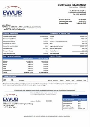 Luxembourg East-West United Bank mortgage statement Word and PDF template