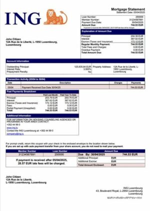 Luxembourg ING Luxembourg mortgage statement Word and PDF template