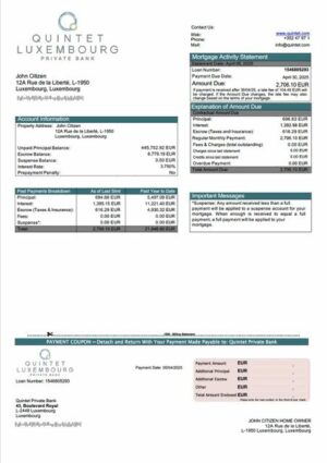 Luxembourg Quintet Private Bank mortgage statement Word and PDF template