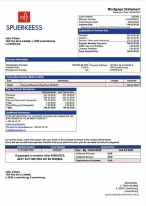 Luxembourg Spuerkeess Bank mortgage statement Word and PDF template