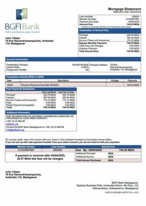 Madagascar BGFI Bank Madagascar mortgage statement Word and PDF template