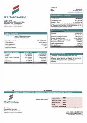 Madagascar BNI Madagascar mortgage statement Word and PDF template