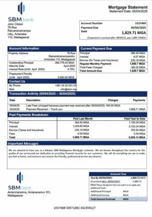 Madagascar Banque SBM Madagascar mortgage statement Word and PDF template