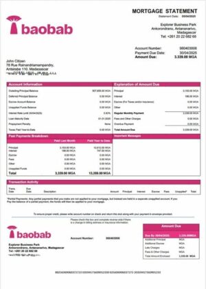 Madagascar Baobab Banque Madagascar mortgage statement Word and PDF template
