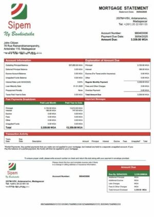 Madagascar SIPEM Banque mortgage statement Word and PDF template