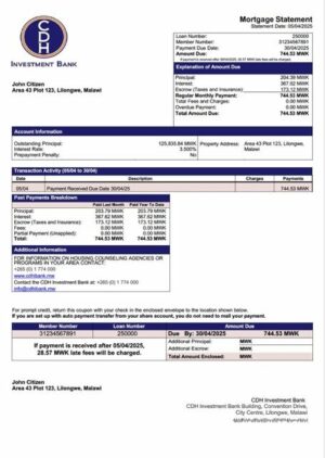 Malawi CDH Investment Bank mortgage statement Word and PDF template