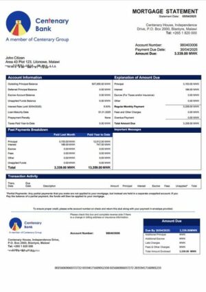 Malawi Centenary Bank Malawi mortgage statement Word and PDF template