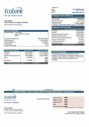 Malawi Ecobank Malawi mortgage statement Word and PDF template
