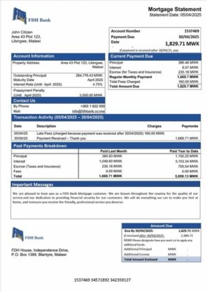 Malawi FDH Bank mortgage statement Word and PDF template