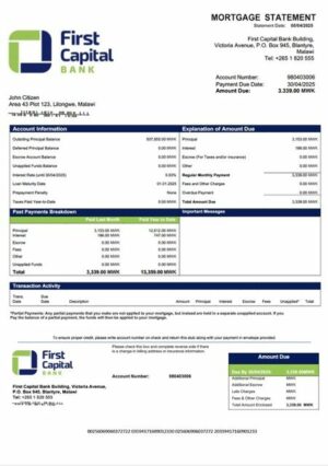 Malawi First Capital Bank Malawi mortgage statement Word and PDF template