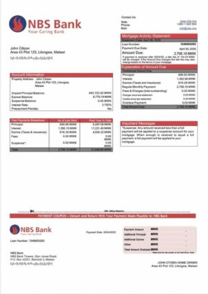 Malawi NBS Bank mortgage statement Word and PDF template