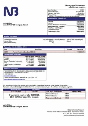 Malawi National Bank of Malawi mortgage statement Word and PDF template