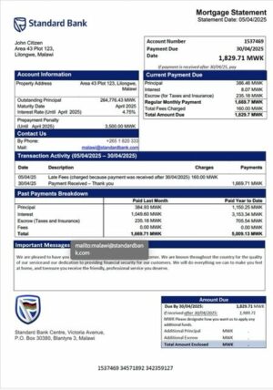 Malawi Standard Bank Malawi mortgage statement Word and PDF template