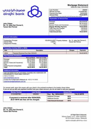 Malaysia Al Rajhi Bank Malaysia mortgage statement Word and PDF template