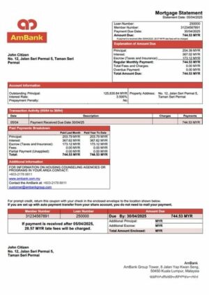 Malaysia AmBank mortgage statement Word and PDF template