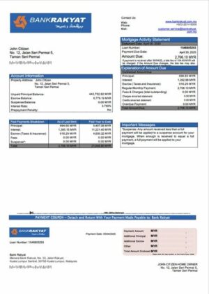 Malaysia Bank Rakyat mortgage statement Word and PDF template