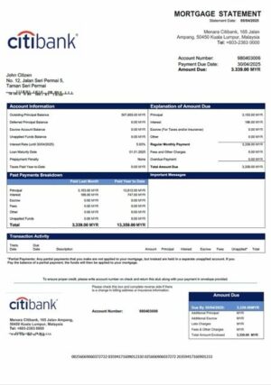 Malaysia Citibank Malaysia mortgage statement Word and PDF template