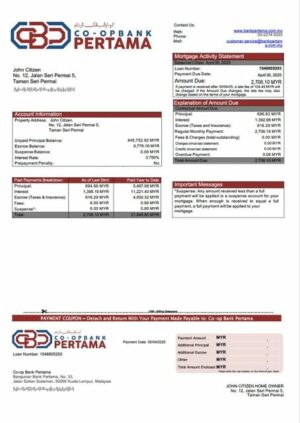 Malaysia Co-op Bank Pertama mortgage statement Word and PDF template