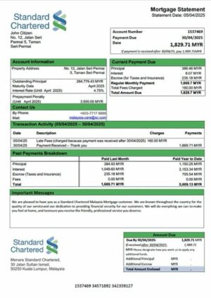 Malaysia Standard Chartered Malaysia mortgage statement Word and PDF template