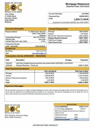 Maldives Bank of Ceylon mortgage statement Word and PDF template
