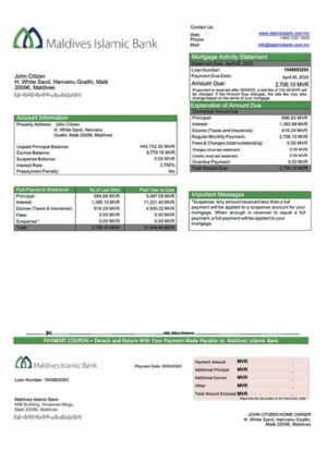 Maldives Islamic Bank mortgage statement Word and PDF template