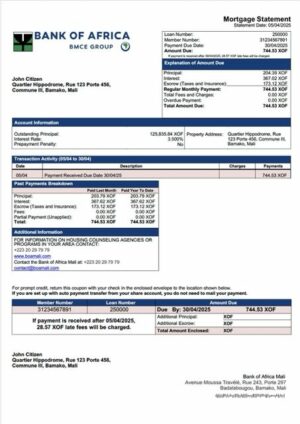 Mali Bank of Africa Mali mortgage statement Word and PDF template