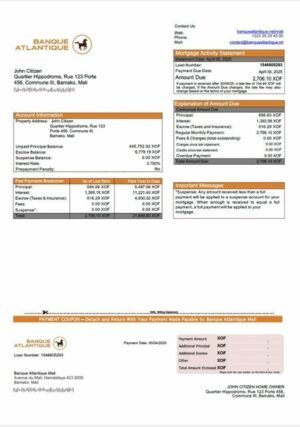 Mali Banque Atlantique Mali mortgage statement Word and PDF template