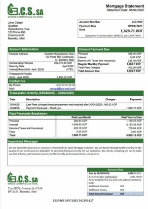 Mali Banque Commerciale du Sahel (BCS) mortgage statement Word and PDF template