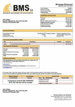 Mali Banque Malienne de Solidarité (BMS) mortgage statement Word and PDF template