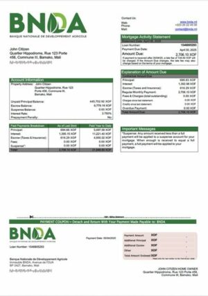 Mali Banque Nationale de Développement Agricole (BNDA) mortgage statement Word and PDF template
