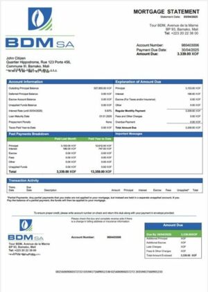 Mali Banque du Développement du Mali (BDM) mortgage statement Word and PDF template
