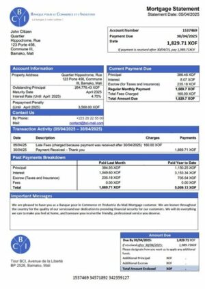 Mali Banque pour le Commerce et l'Industrie du Mali (BCI-Mali) mortgage statement Word and PDF template