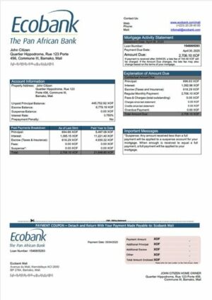 Mali Ecobank Mali mortgage statement Word and PDF template