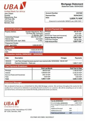 Mali United Bank for Africa Mali mortgage statement Word and PDF template