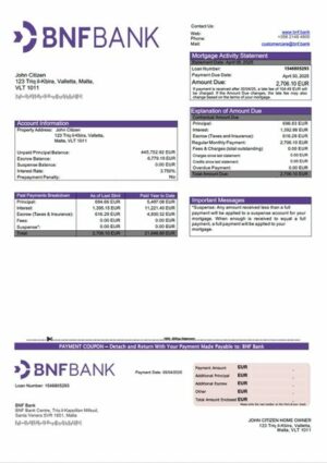 Malta BNF Bank mortgage statement Word and PDF template