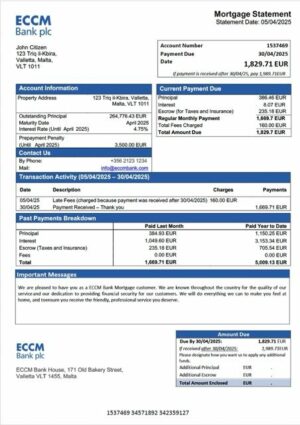Malta ECCM Bank mortgage statement Word and PDF template