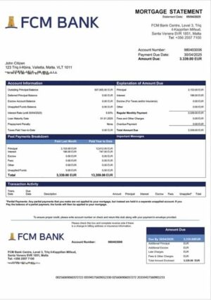 Malta FCM Bank mortgage statement Word and PDF template
