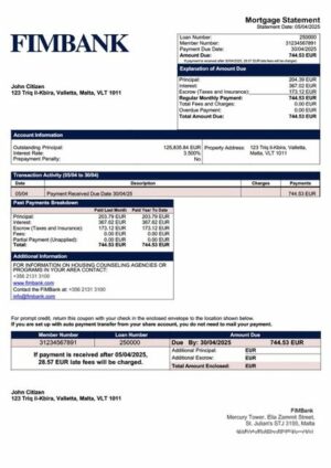 Malta FIMBank mortgage statement Word and PDF template