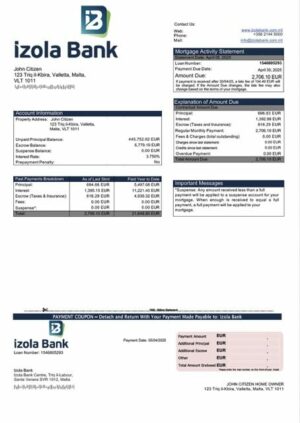 Malta Izola Bank mortgage statement Word and PDF template