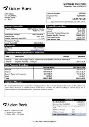 Malta Lidion Bank mortgage statement Word and PDF template