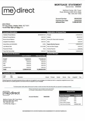 Malta MeDirect Bank mortgage statement Word and PDF template