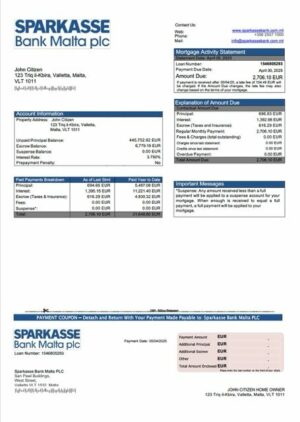 Malta Sparkasse Bank Malta PLC mortgage statement Word and PDF template