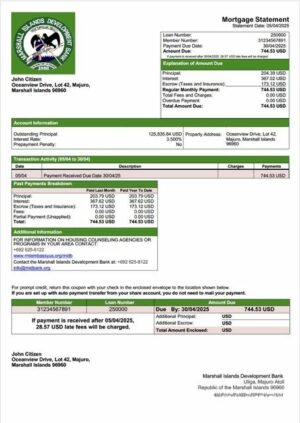 Marshall Islands Development Bank mortgage statement Word and PDF template